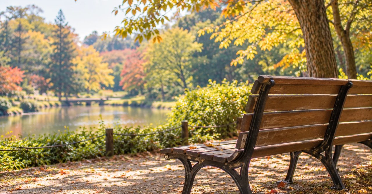 秋の公園、木の下の空いたベンチ