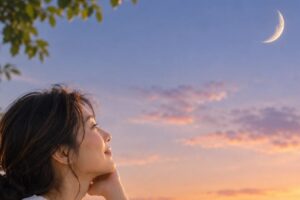 夕暮れの西の空に浮かぶ三日月を見上げる女性