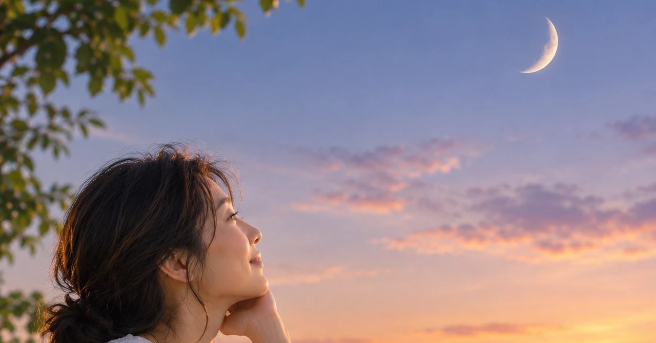 夕暮れの西の空に浮かぶ三日月を見上げる女性